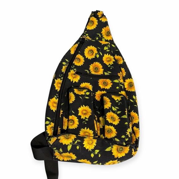 SUNFLOWER Print Black Canvas Sling Backpack Crossbody Bag - Picture 1 of 4